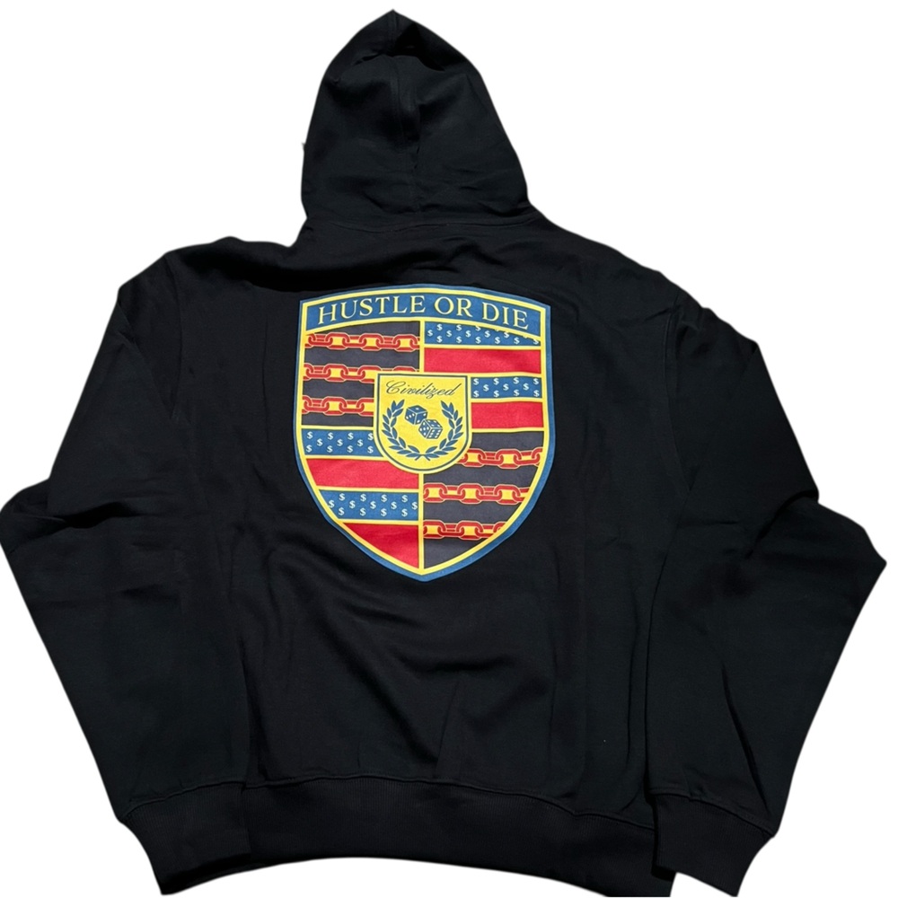 Civilized men's Hoodie sweater hustle or‎ die patch front back black size medium
